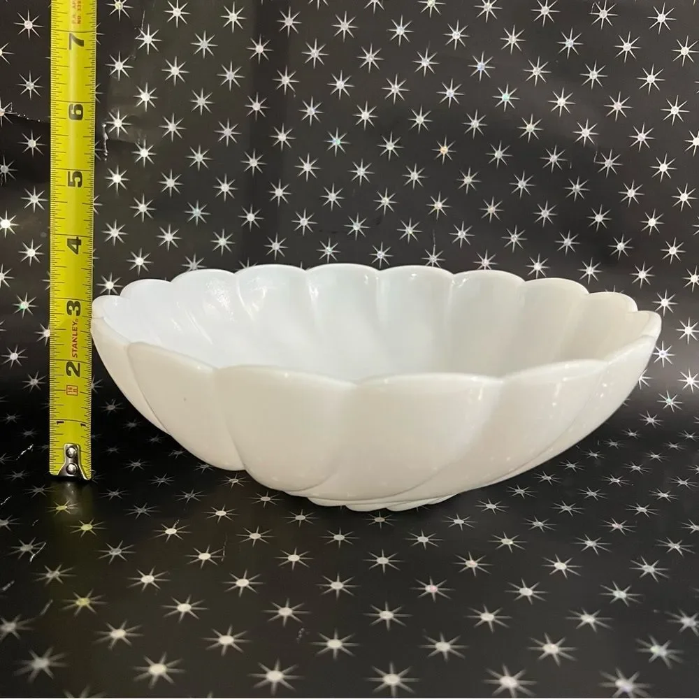 Vintage Hazel Atlas Swirl Milk Glass Scalloped Bowl